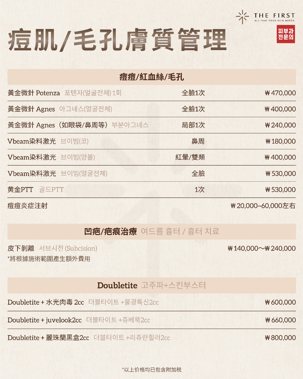 Price List for Acne-Prone Skin and Pore Treatment at The First Clinic, Busan DermaFest Dermatology