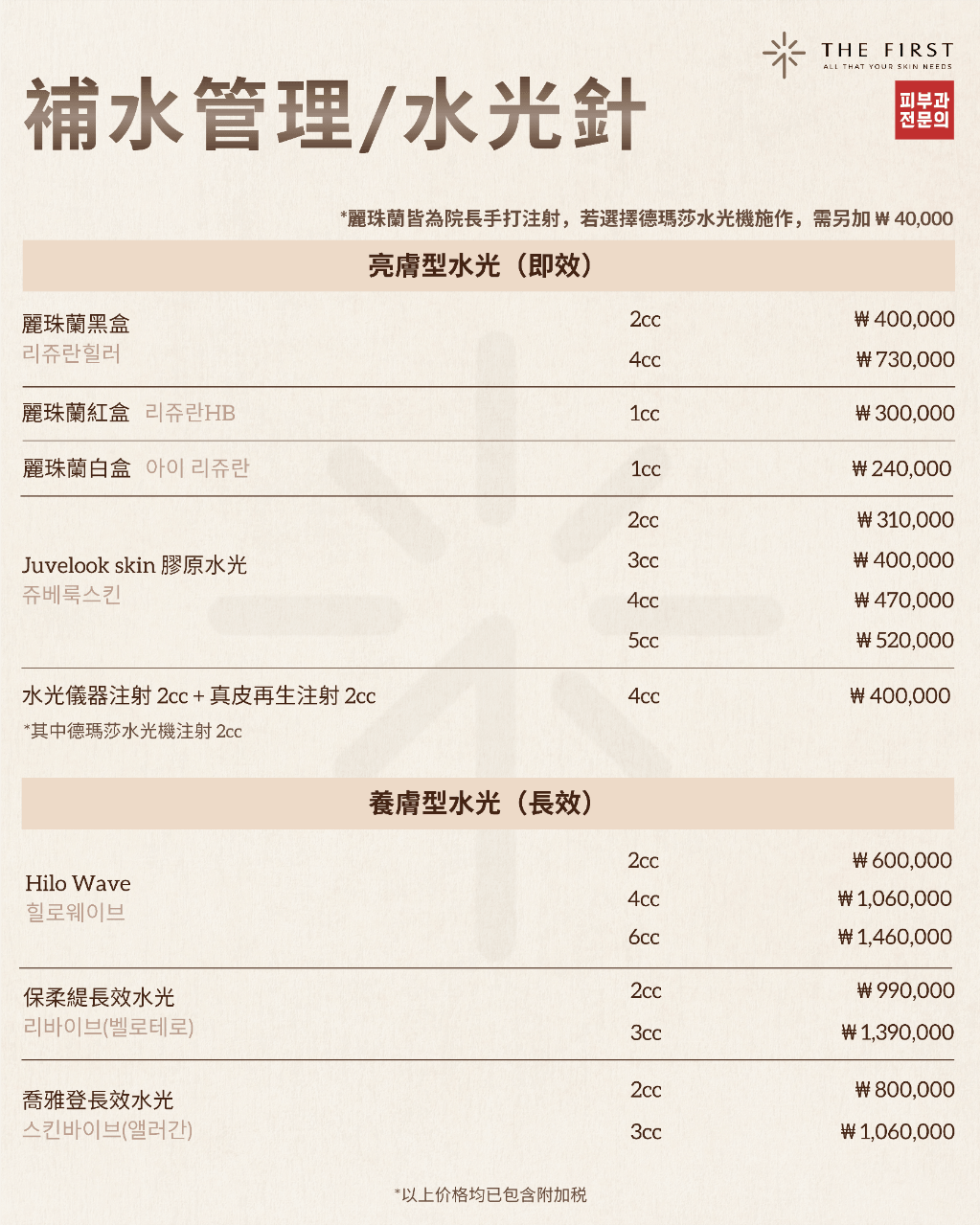Price List for Hyaluronic Acid Injection Treatments at The First Clinic, Busan DermaFest Dermatology