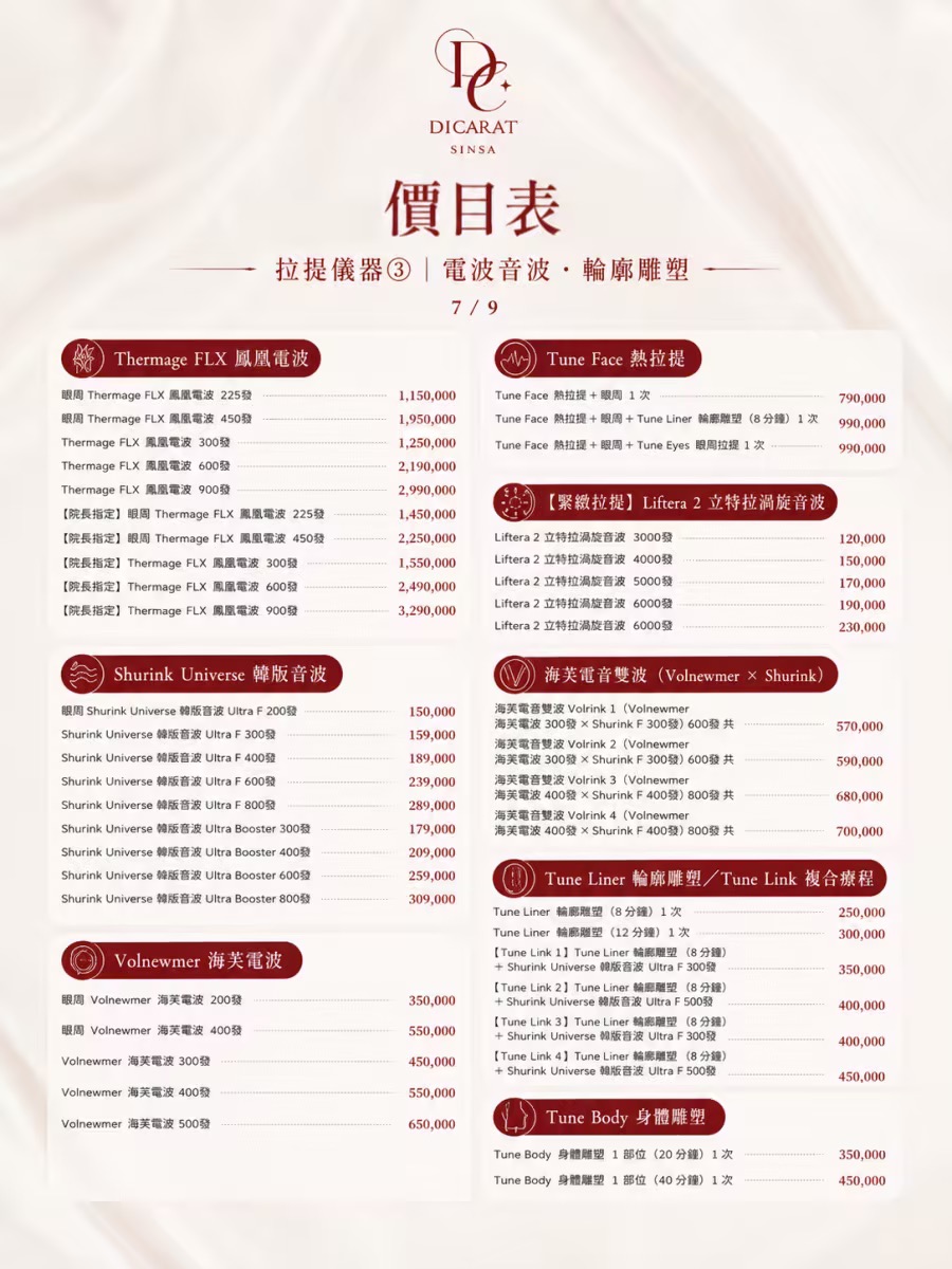 DICARAT 迪克拉皮膚科 2026 鳳凰電波 Thermage FLX、Shurink Universe、Tune Face、Volnewmer 價目表原圖