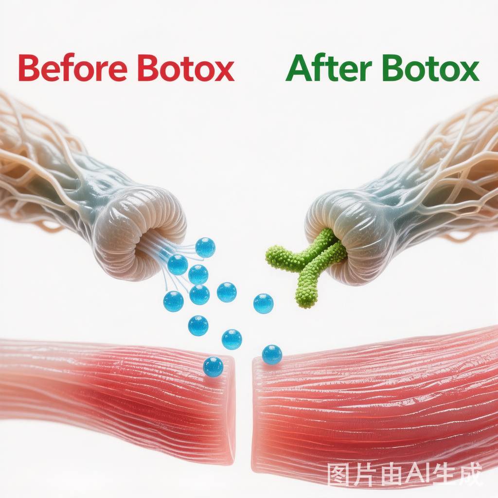 肉毒桿菌作用原理示意圖：神經肌肉訊號阻斷機制