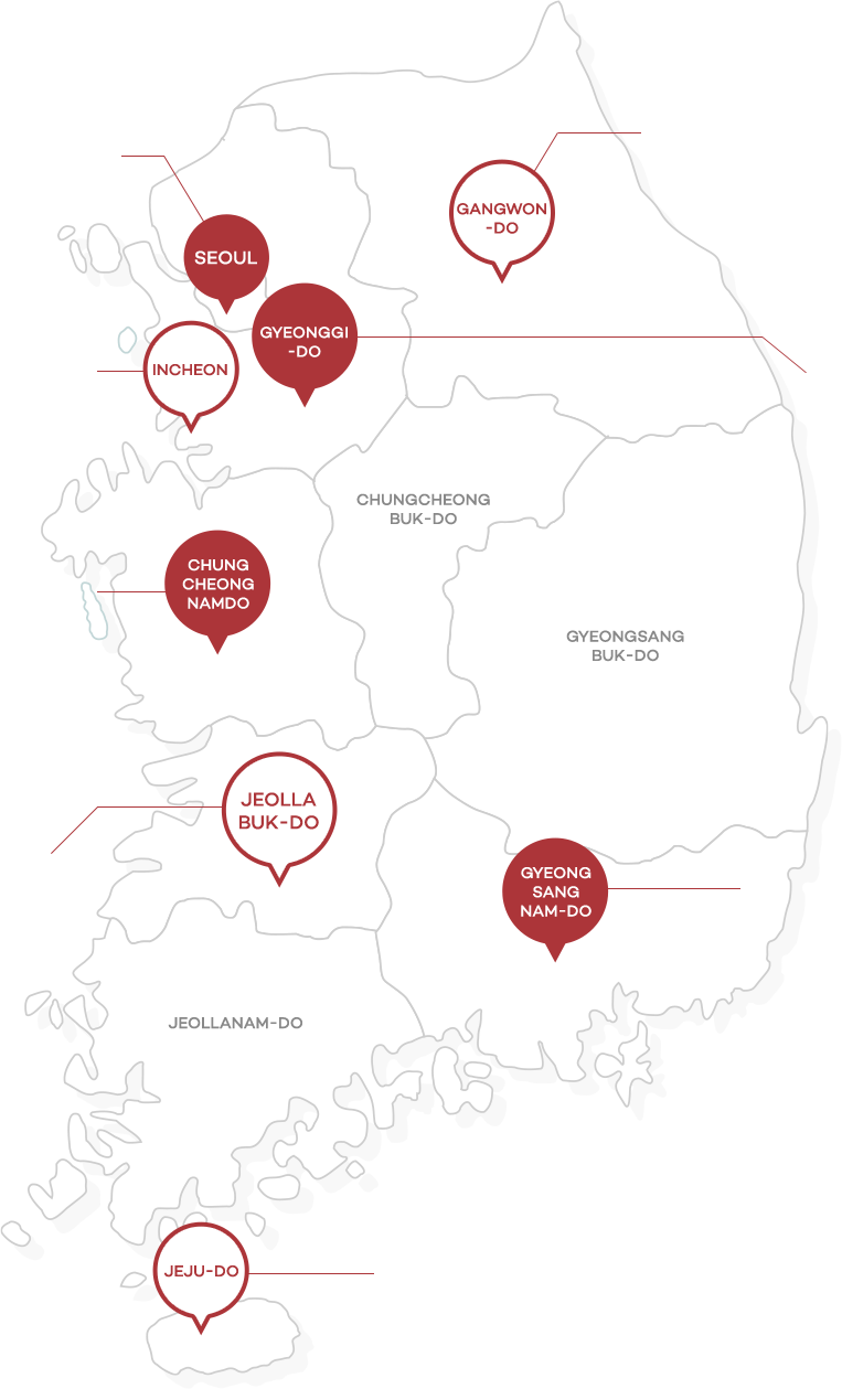 Map showing Toxnfill’s 32 branches across South Korea