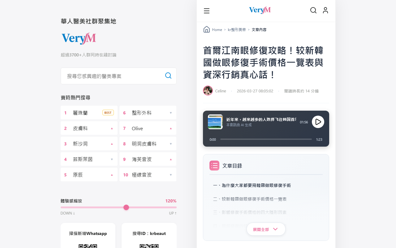 韓國眼修復費用攻略頁面截圖