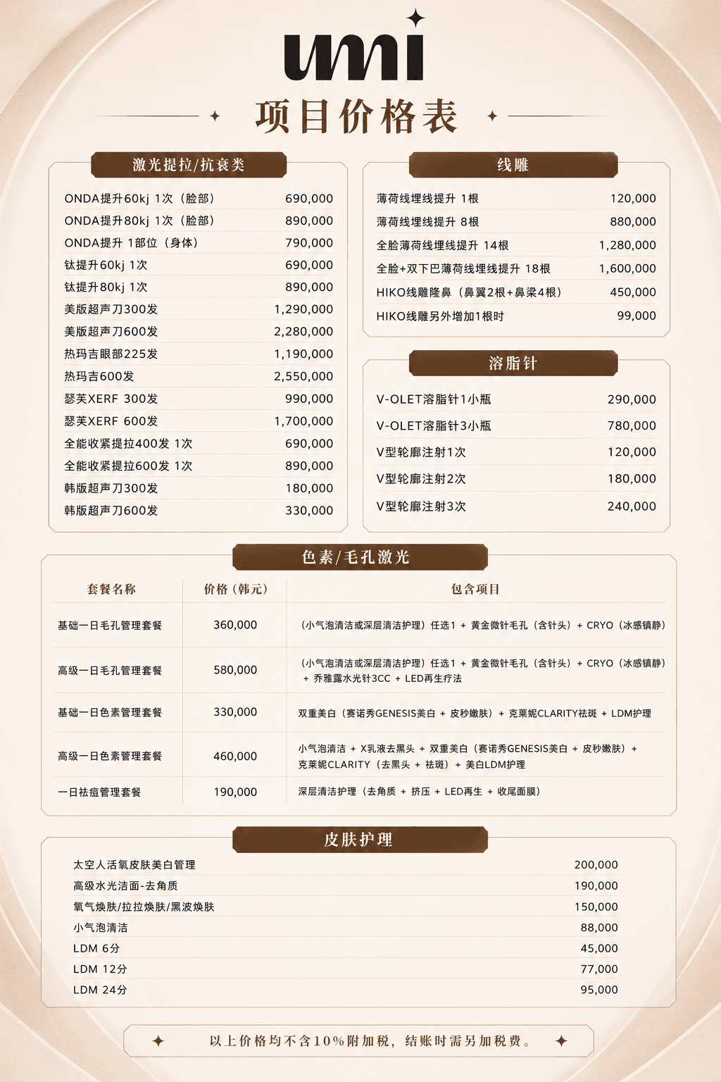 明洞優美皮膚科價格表