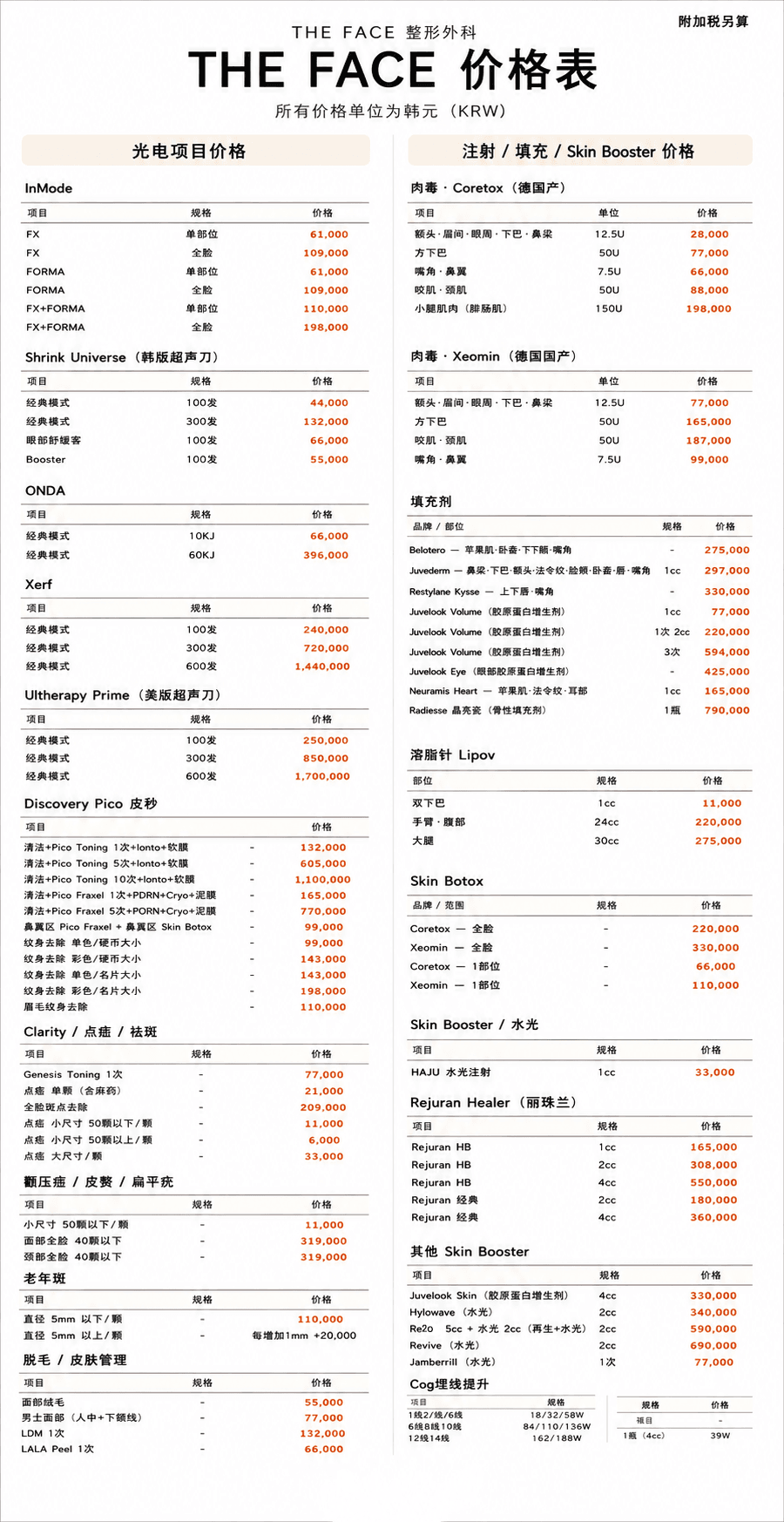 釜山The Face皮膚科價格表