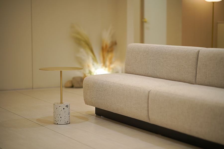 奥丽緹 AllLiting 候诊区细节 — 米色沙发、金色边桌、芒草装饰