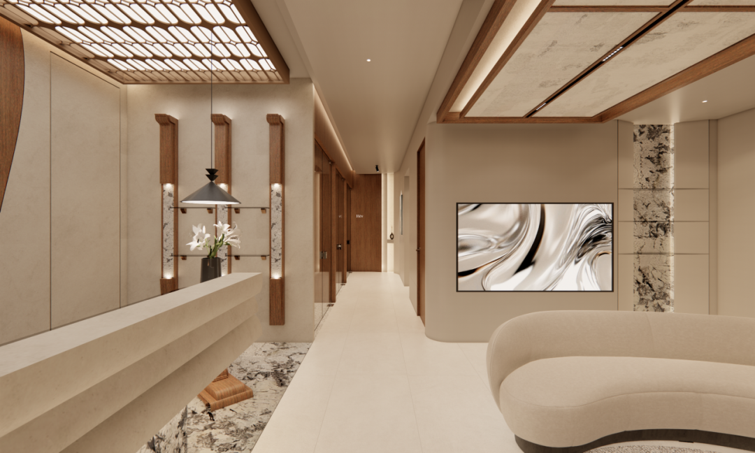 Hév 헤브피부과 走廊藝術裝置 — 木紋燈飾弧形天花板