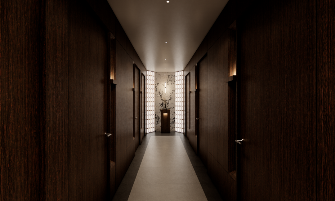 Hév 헤브피부과 深色護理走廊 — 暗色木質門私密感