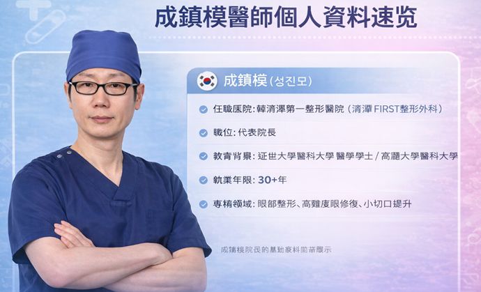 成鎮模醫師個人資料及簡歷：坐診清潭第一整形醫院，30 多年專攻雙眼皮及高難度修復