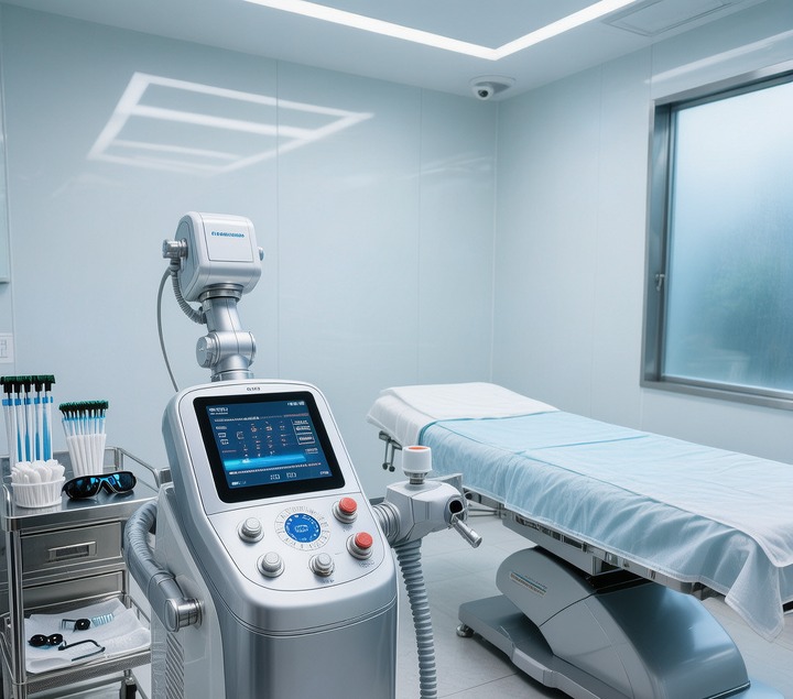 Scene of professional doctors operating skin treatment equipment