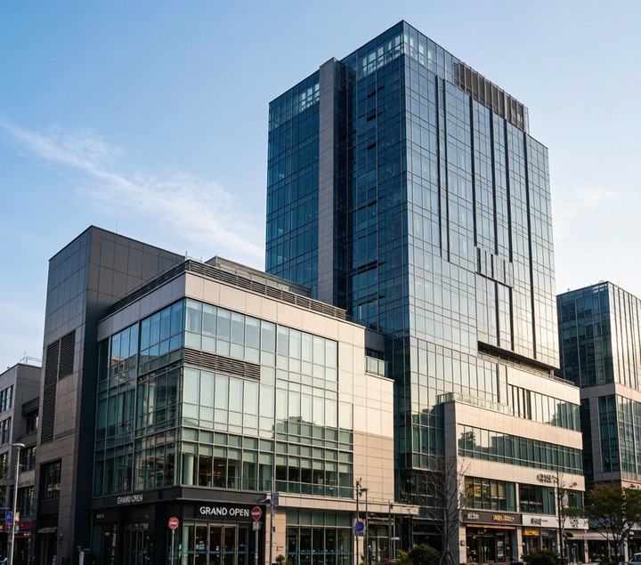釜山西面商圈街景，Genius皮膚科所在的千宇大廈外觀現代簡潔