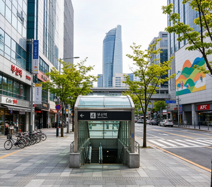 釜山西面站3號出口周邊商圈街景，千宇大廈外觀現代商務風格
